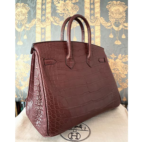 エルメス バーキン25 アリゲーターマットコピー ボルドー x ゴールド金具